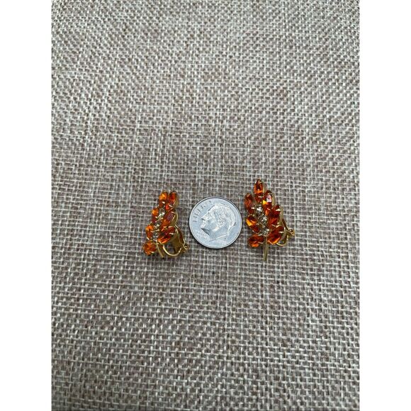 Vintage Orange Rhinestone Leaf Clip-On Earrings – Gold Tone Sparkling Crystal Ac - Picture 3 of 5